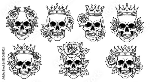 Collection of Skulls Adorned with Crowns and Roses.