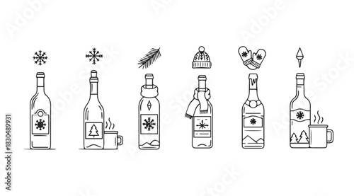 Collection of festive drink bottles and winter elements silhouette