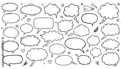 Collection of hand drawn speech bubbles and thought balloons in doodle style