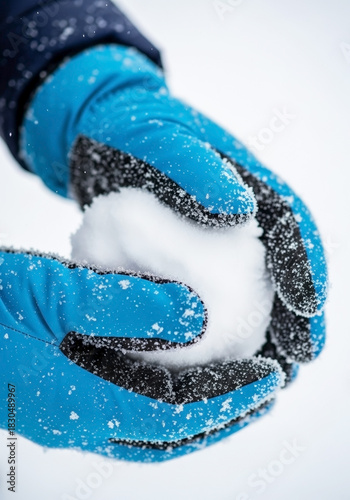 A perfect snowball ready for throwing on cold winter day, child prepares snowball in blue gloves. Hands form a perfect snowball from fresh snow for game on white backdrop.