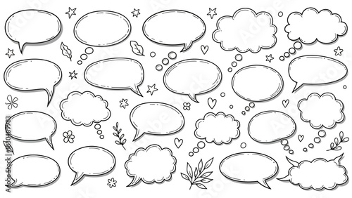Hand drawn speech bubbles and thought balloons in black and white
