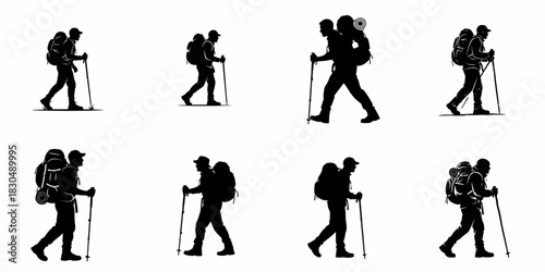 Vector silhouettes collection of male hikers trekking with large backpacks and walking poles, representing adventure and outdoor activity.