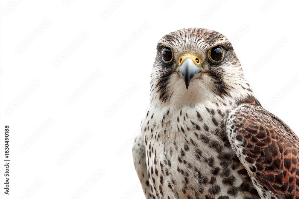 Fototapeta premium A wild falcon, a majestic bird of prey, looks directly forward with its keen eyes in a close up portrait, isolated on white.