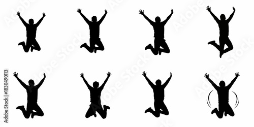 Set of eight dynamic black silhouettes of a person jumping high with arms raised in celebration, isolated on a clean white background.
