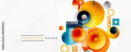 Abstract geometric shapes, vibrant colors, modern design elements. Circles, squares, gradients create dynamic composition. Minimalist style.