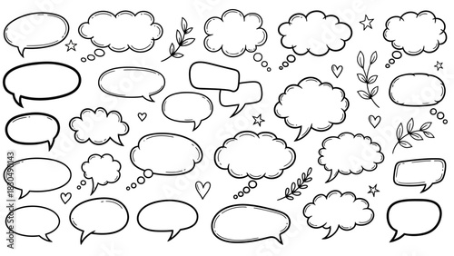 Hand drawn speech bubbles and thought clouds with doodle elements collection