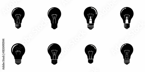 Black silhouette light bulb icon set, featuring eight variations of electric incandescent lamps, symbolizing invention, power, and creative ideas.