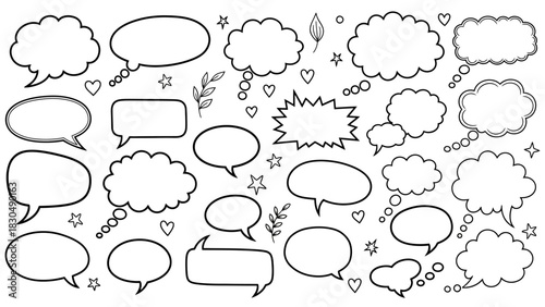 Hand drawn speech bubbles and thought clouds with doodle accents on white