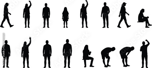 Human silhouette gesture collection, standing, walking, sitting, bending, raising arm, posture variety, motion study, gesture reference, animation pose set