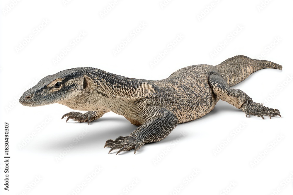 Naklejka premium A large grey and brown monitor lizard with intricate skin scales is captured crawling on a pristine white studio background.