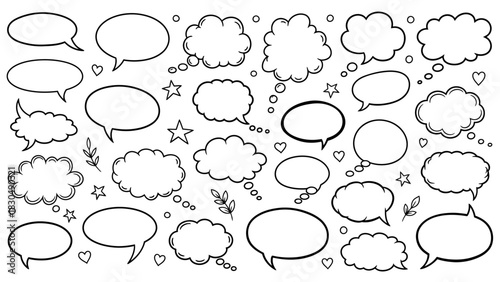 Collection of hand drawn speech bubbles and thought bubbles on white background