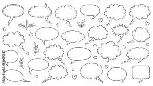 Hand drawn speech bubbles and thought bubbles collection on white background