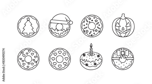 Collection of eight festive christmas and halloween themed donut silhouettes