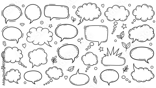 Hand drawn speech bubbles and thought bubbles on a white background