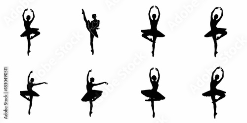 Set of eight elegant black ballet dancer silhouettes performing various classic poses, isolated vector graphics on a white background.