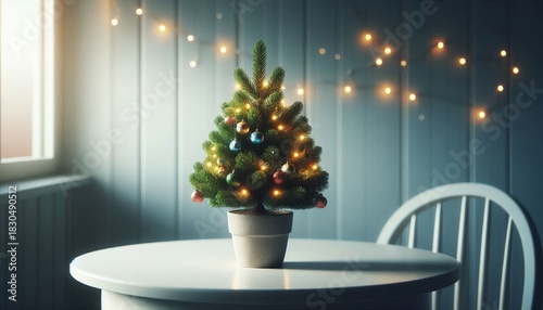 A small decorated Christmas tree in a pot with glowing lights and festive decorations. A minimalist festive composition on a white surface. AI generated.