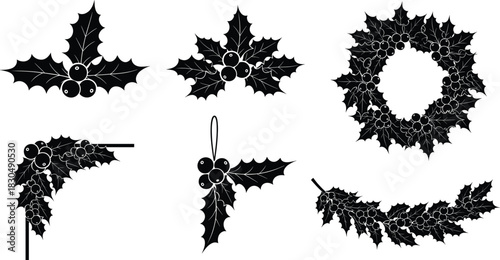 Holly leaf silhouettes, festive berry icons, Christmas wreath, holiday garland, corner decoration, ornament design, vector art, seasonal clipart, black graphic
