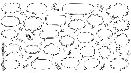 Hand drawn speech bubbles and thought balloons collection in black and white