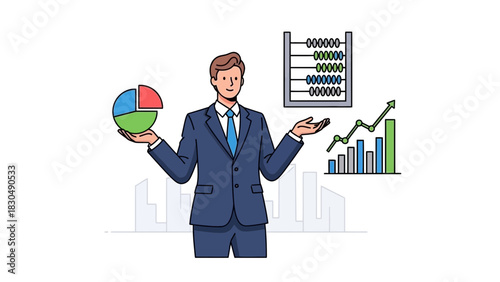 Businessman presenting financial data with charts and graphs