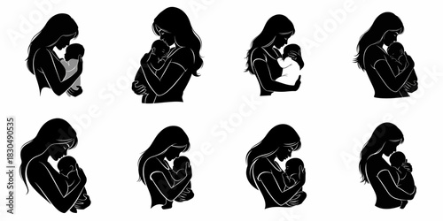 Vector silhouettes collection of mother and newborn baby hugging, illustrating maternity, love, care, and protection on a white background.