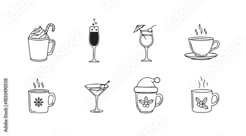 Collection of hand drawn winter holiday drinks and cocktails in silhouette style