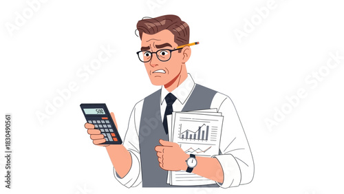 Worried man with glasses calculating finances in his office