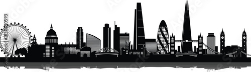London skyline silhouette with iconic landmarks, Big Ben, Tower Bridge, the Shard, cityscape, architecture, travel, tourism, reflection, and culture