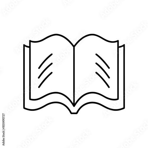 Outline drawing of an open book with lines on pages on transparent background