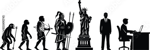 Human evolution silhouette from primate to digital age, depicting progress, civilization, technology, history, development, freedom, work, culture, and transformation