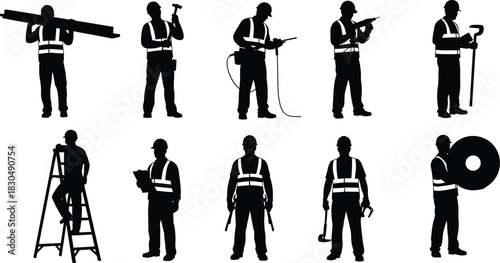 Construction worker silhouettes with tools, safety gear, teamwork, industrial tasks, labor roles, hard hats, vests, job site, building, repair, and maintenance