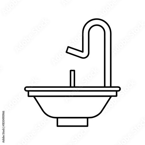 Outline drawing of a sink with a curved faucet above on transparent background