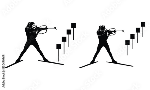 Two biathlon athletes in silhouette aiming rifles at targets during a winter competition silhouette