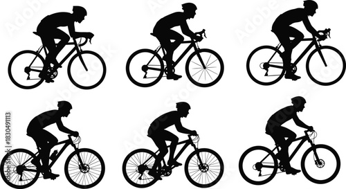 Silhouettes of cyclists riding various bicycles, road and mountain bike styles, vector illustration for sports, transportation, fitness, lifestyle, and outdoor activity