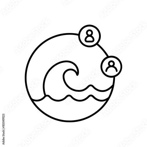 Outline drawing of wave with connected people icons on transparent background