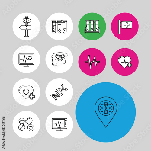 Vector illustration of collection of medical icons featuring healthcare symbols, including heartbeats, dna, medicine, and location markers, all set against a light gray background