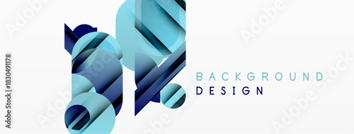 Abstract blue shapes overlap white space. Modern design suggests technology, innovation, clean aesthetic. Minimalist composition, dynamic flow.