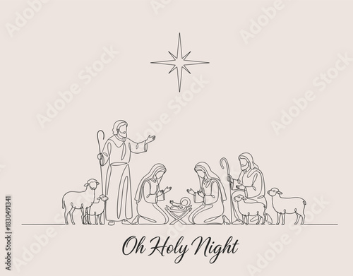 Minimal Oh Holy Night Nativity Line Art Illustration – Elegant Christian Christmas Scene with Mary, Joseph, Baby Jesus and Star, Simple Religious Holiday Decor Print