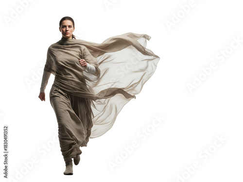 Woman running with flowing fabric isolated on transparent background
