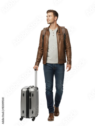 Man with luggage walking isolated on transparent background.