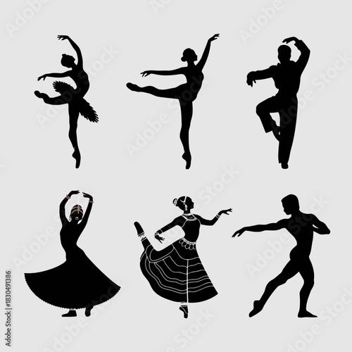 Silhouettes of ballet dancers in various poses, showcasing grace and elegance, isolated on