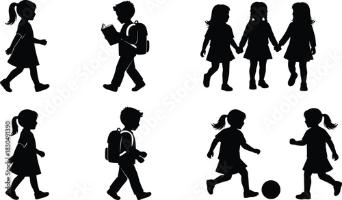 children, silhouette, walking, playing, school, vector, activity, childhood, movement, education, lifestyle, girls, boys, backpack, ball