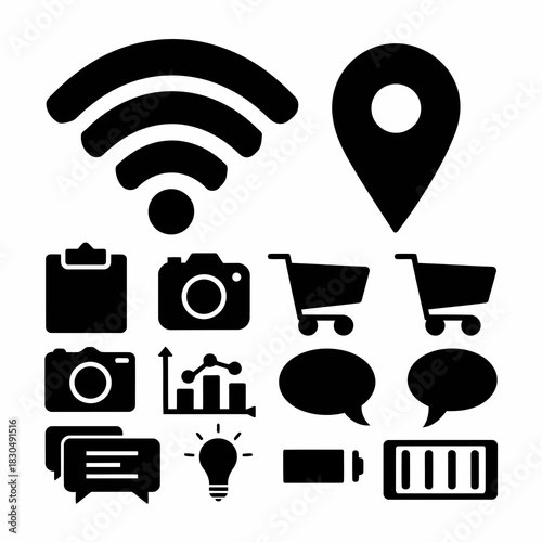Set of icons representing various digital and communication concepts including wifi, location, camera, shopping cart, speech bubbles, battery, and more