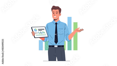 Business professional presenting financial analysis data on tablet