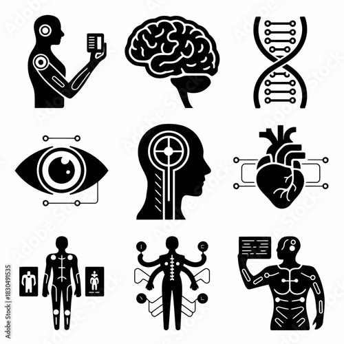 Set of nine black and white icons representing various aspects of human anatomy and technology