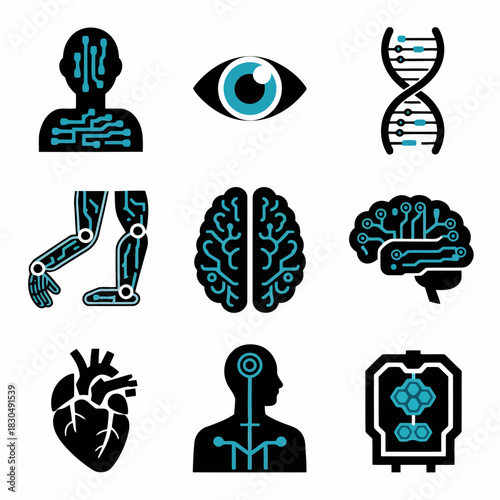 Set of medical and technological icons including human body parts, dna, and artificial intelligence elements