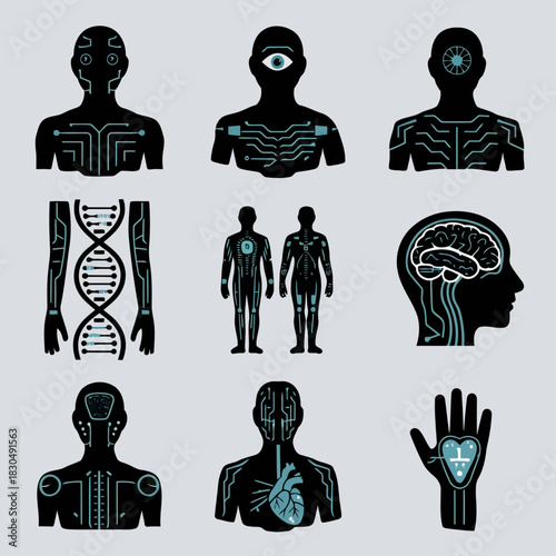 Set of futuristic human body icons with technology elements including dna, brain, and heart designs