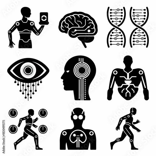 Set of futuristic human body and technology icons including brain, dna, cybernetic enhancements, and digital elements