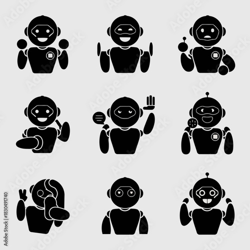 Set of twelve robots with different facial expressions and gestures, isolated on
