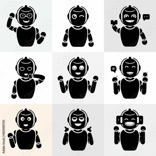 Set of nine black and white robot emojis with different facial expressions and gestures
