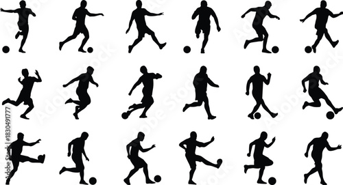 Soccer player silhouette grid, dynamic poses, dribbling, kicking, running, black vector, sports motion, athletic movement, football training, action sequence, energy